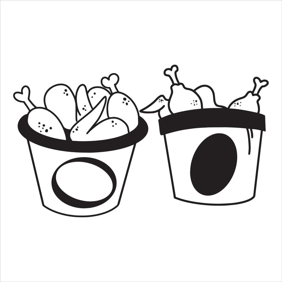 Bucket Of Fried Chicken Vector With Hand Drawn Style Fried Chicken Doodle, black white outline illustration