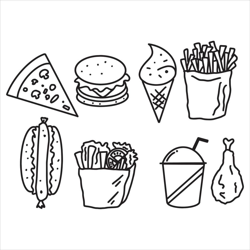 conjunto de vectores de comida rápida. icono de comida chatarra de ilustración dibujada a mano.