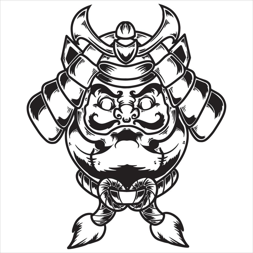 Daruma Doll With Samurai Mask Japanese Shogun Warrior Helmet Black White Hand Drawn Vector Illustration