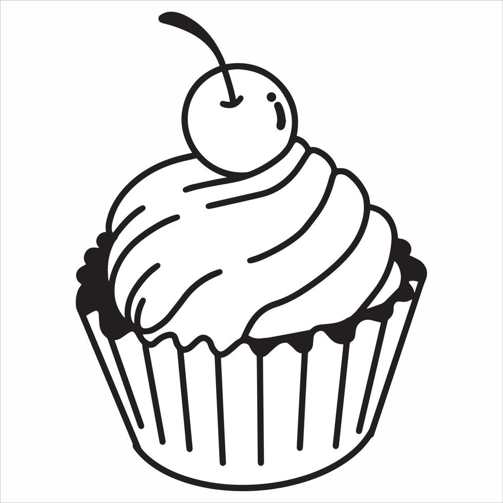 Simple Hand Drawing Cupcake With Cherry Topping , Black and White Vector Illustration