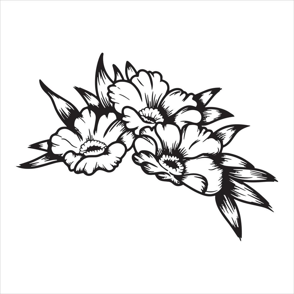 vector de decoración de flores en blanco y negro, ilustración dibujada a mano de flores con hojas