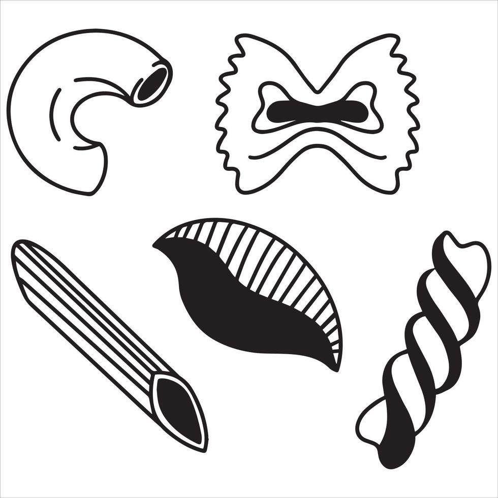 conjunto de pasta italiana tradicional, iconos de tipos de pasta, imágenes prediseñadas de pasta, ilustración de vector blanco negro dibujado a mano