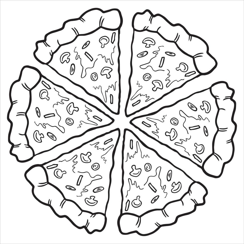 rebanada de ilustración de vector de clip de pizza, comida italiana de pizza, pizza dibujada a mano en blanco negro