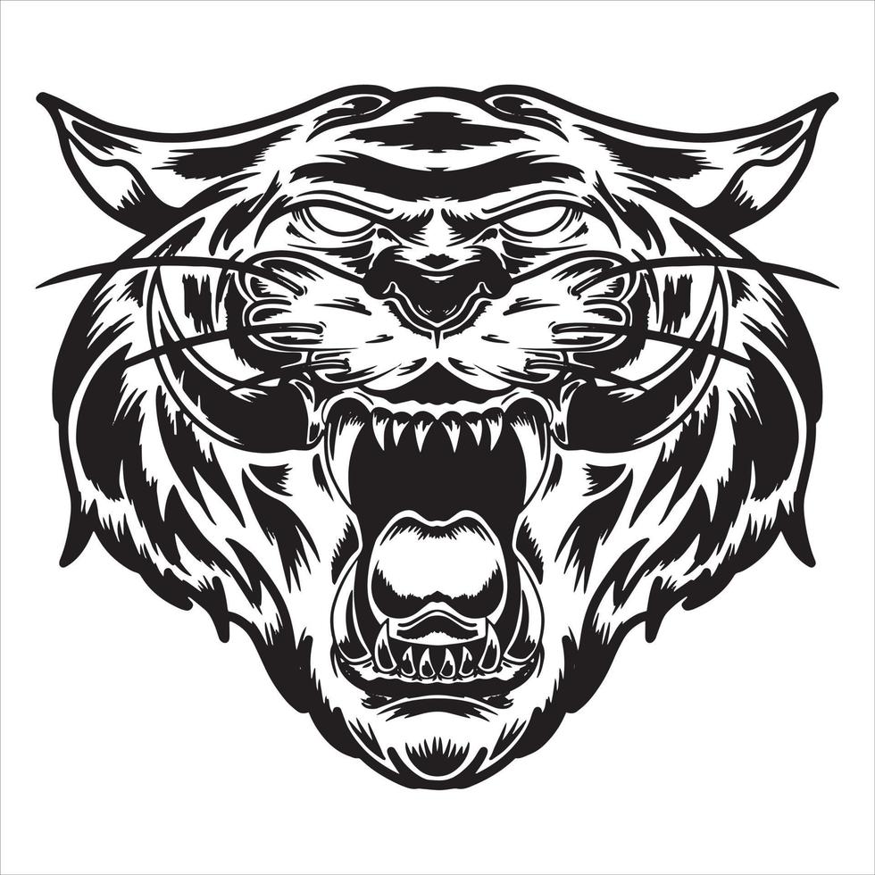 dibujo vectorial de cabeza de tigre, estilo de contorno de cara de tigre, dibujo coloreado de cabeza de tigre, logotipo y mascota de tigre, colmillos de tigre, ilustración de vector blanco negro