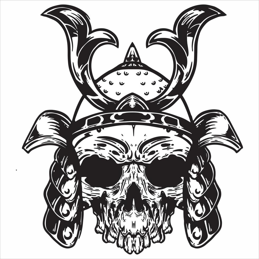 cráneo en casco samurai, casco de guerrero de cráneo de máscara, dibujo samurai, ilustración vectorial dibujada a mano en blanco negro vector
