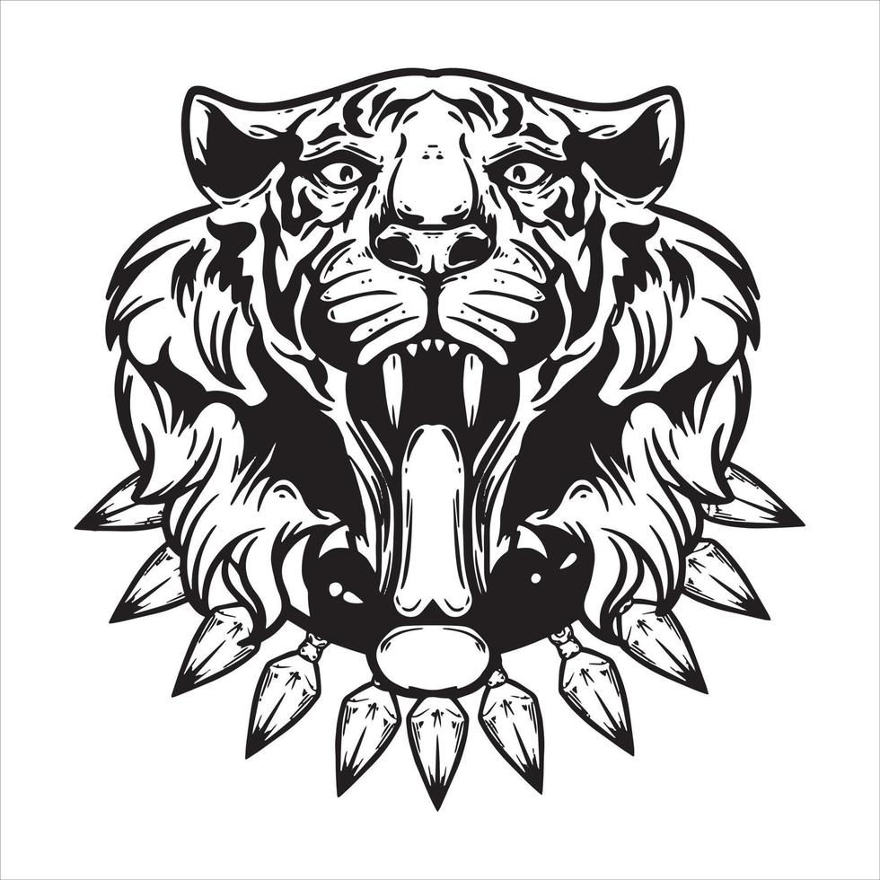 cabeza de tigre con collar, cara de tigre enfadada, dibujo coloreado de cabeza de tigre, logotipo de tigre y mascota, colmillos de tigre, ilustración vectorial en blanco y negro vector