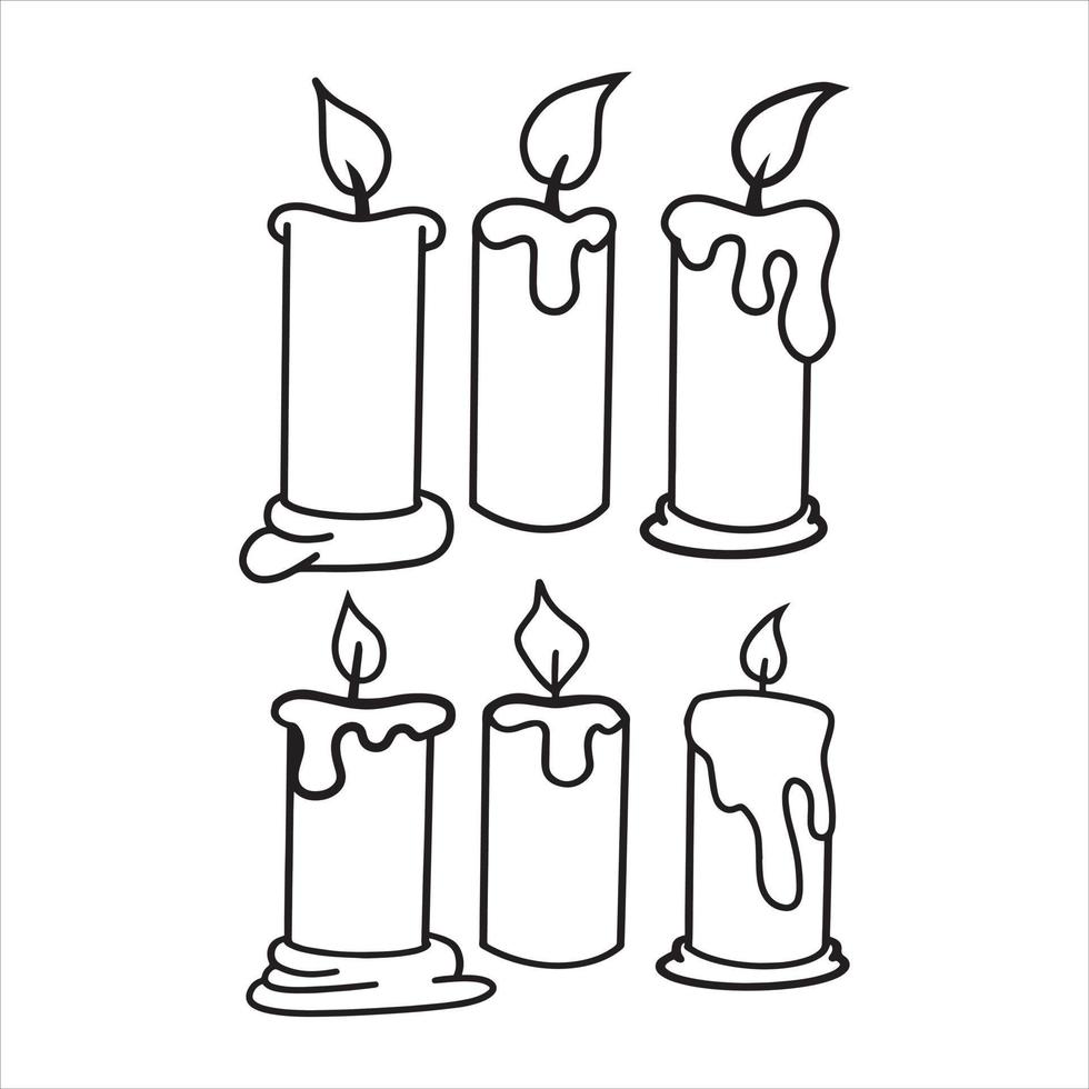 ilustración de conjunto de velas en blanco negro, conjunto dibujado a mano de velas encendidas vector