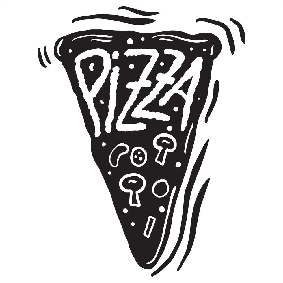 rebanada de pizza con ilustración vectorial de texto, pizza comida italiana, pizza dibujada a mano abstracta en blanco y negro vector