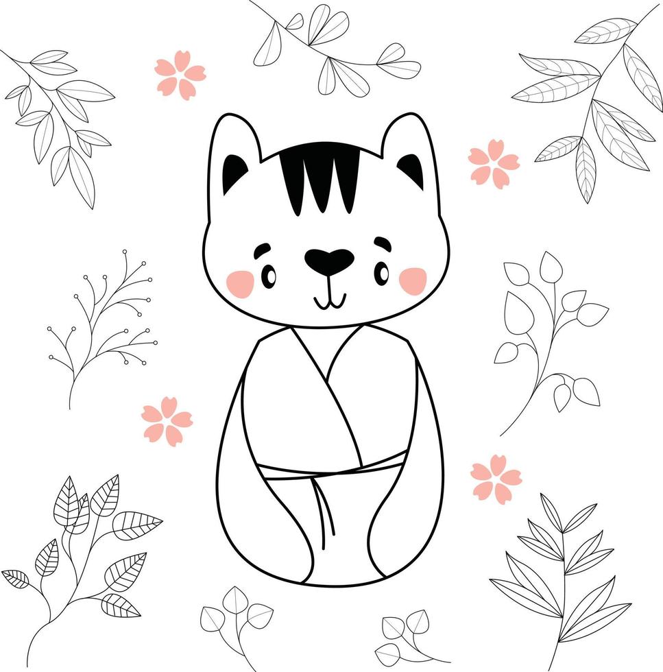 lindo gato animal de dibujos animados con kimono ropa tradicional japonesa vector