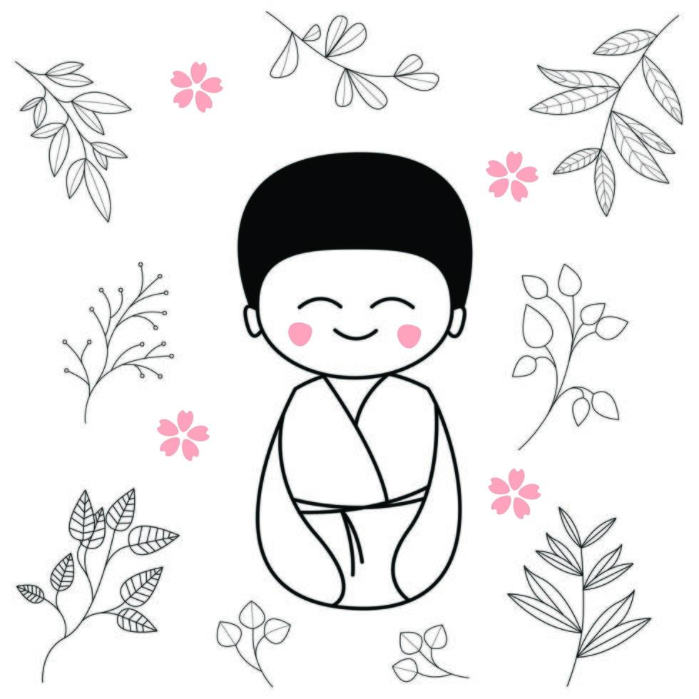 cute cartoon boy wearing kimono traditional japanese clothes vector