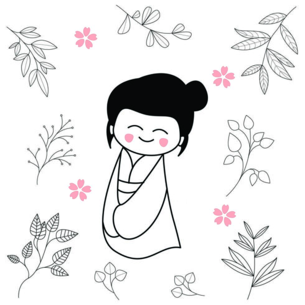 linda chica de dibujos animados con kimono ropa tradicional japonesa vector