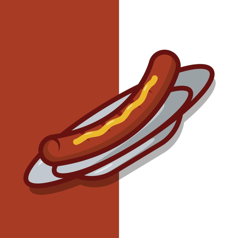 Sausage on Plate Vector Icon Illustration. Hotdog Vector. Flat Cartoon Style Suitable for Web Landing Page, Banner, Flyer, Sticker, Wallpaper, Background