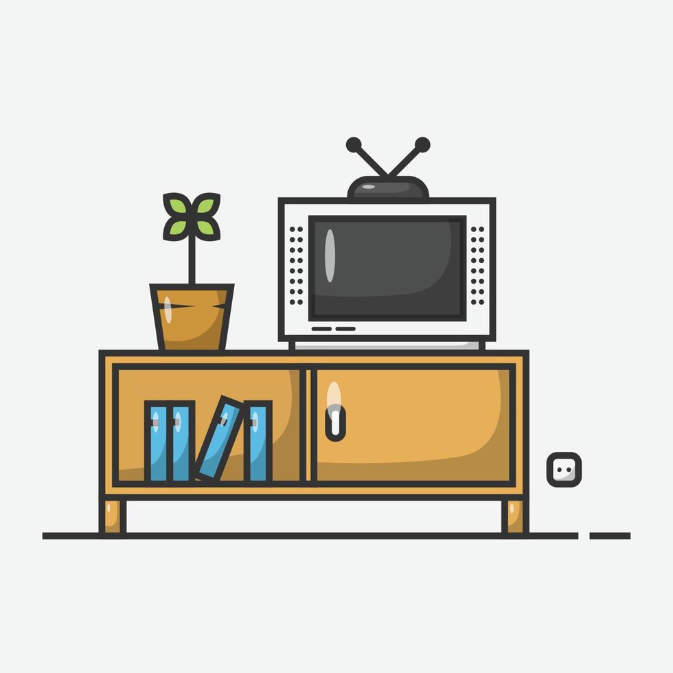 retro tv en el escritorio con jarrón y libro vector icono ilustración. vector de televisión de época. estilo de caricatura plano adecuado para la página de inicio web, pancarta, volante, pegatina, papel tapiz, fondo