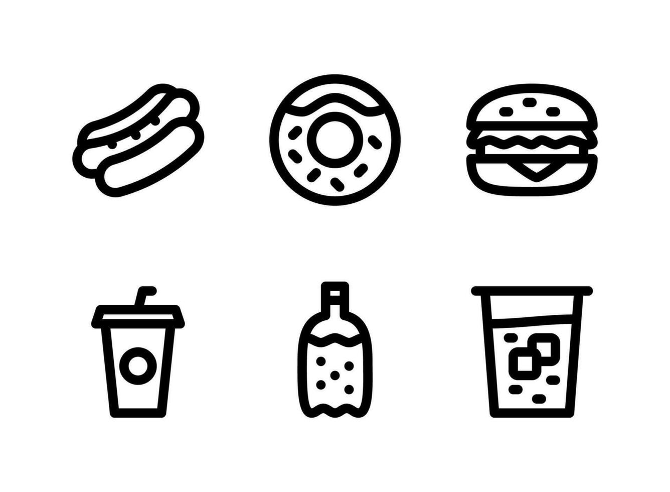 conjunto simple de iconos de línea vectorial relacionados con alimentos y bebidas. contiene íconos como perrito caliente, donut, hamburguesa y más. vector