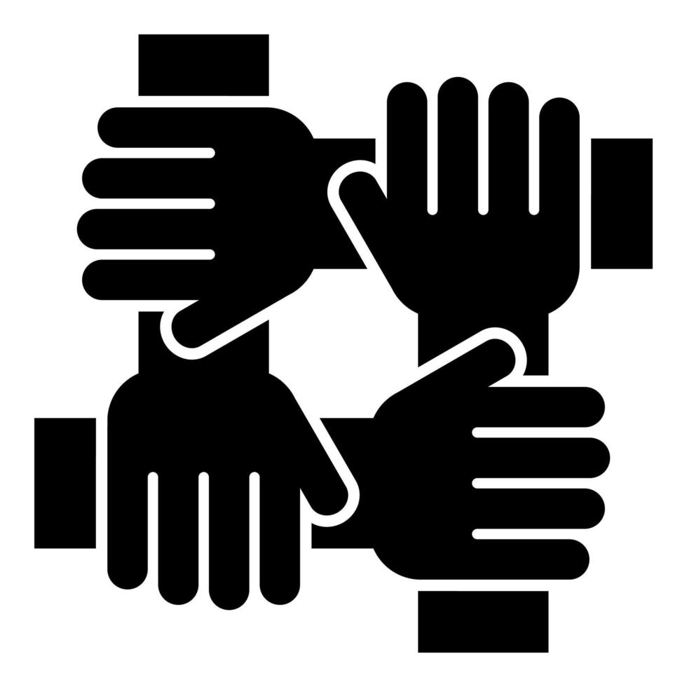 cuatro manos sosteniendo juntos el icono del concepto de trabajo en equipo ilustración de color negro estilo plano imagen simple vector