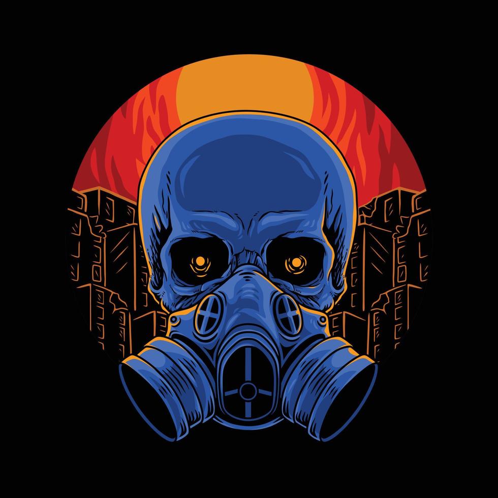 skull with a respirator and a view of the city destroyed by natural disasters premium vector