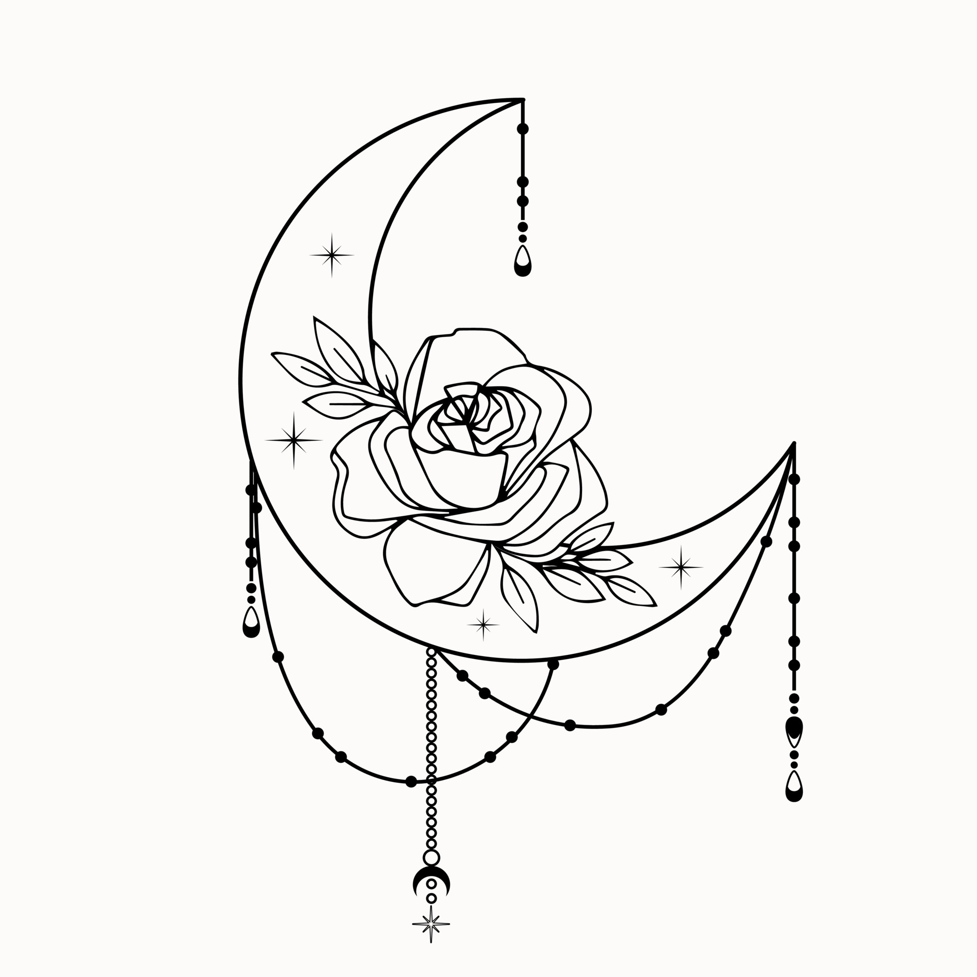 Line art of mystical decorative crescent moon with stars and rose