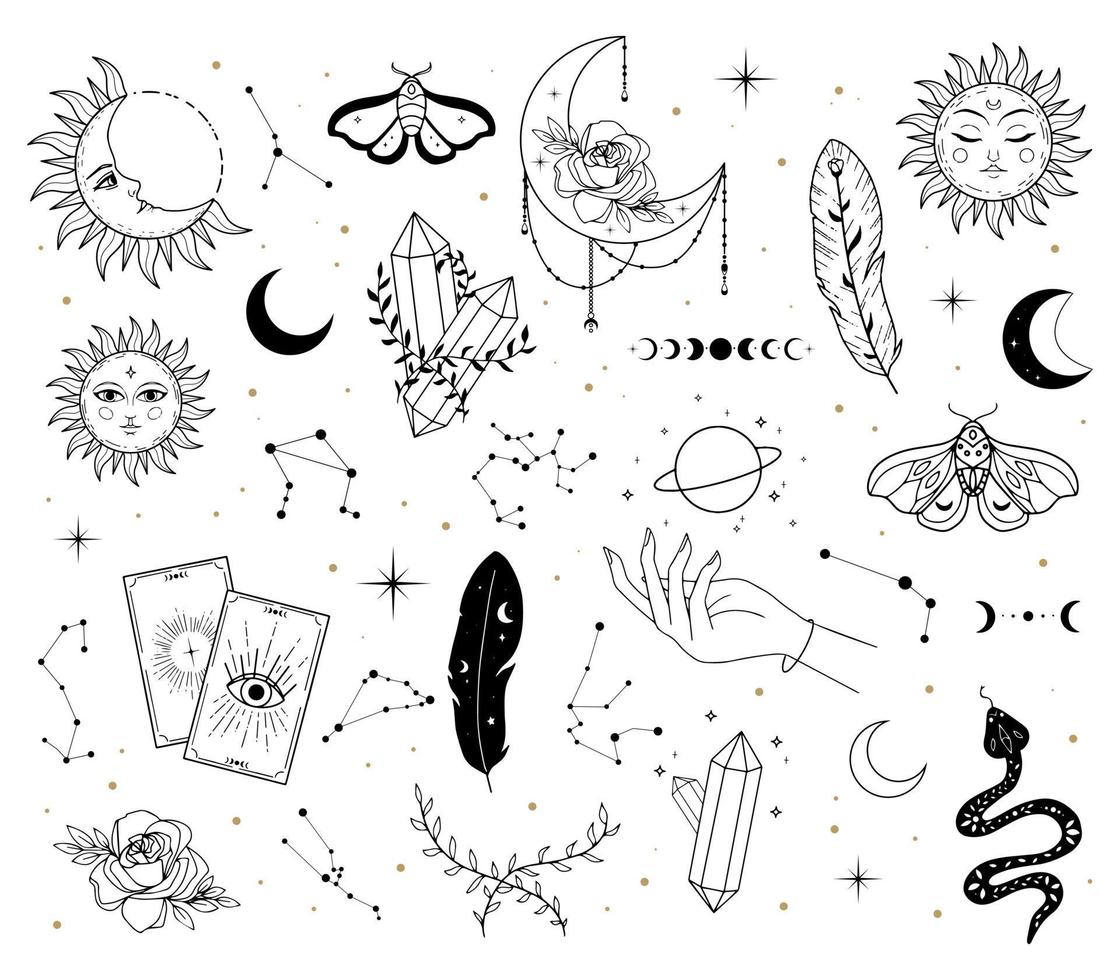 Set of hand drawn line art mystical magic elements vector