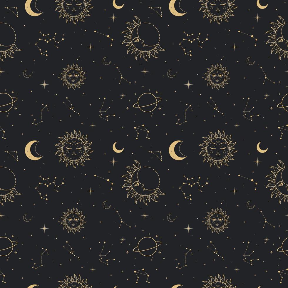 Seamless pattern with golden celestial stellar symbols vector