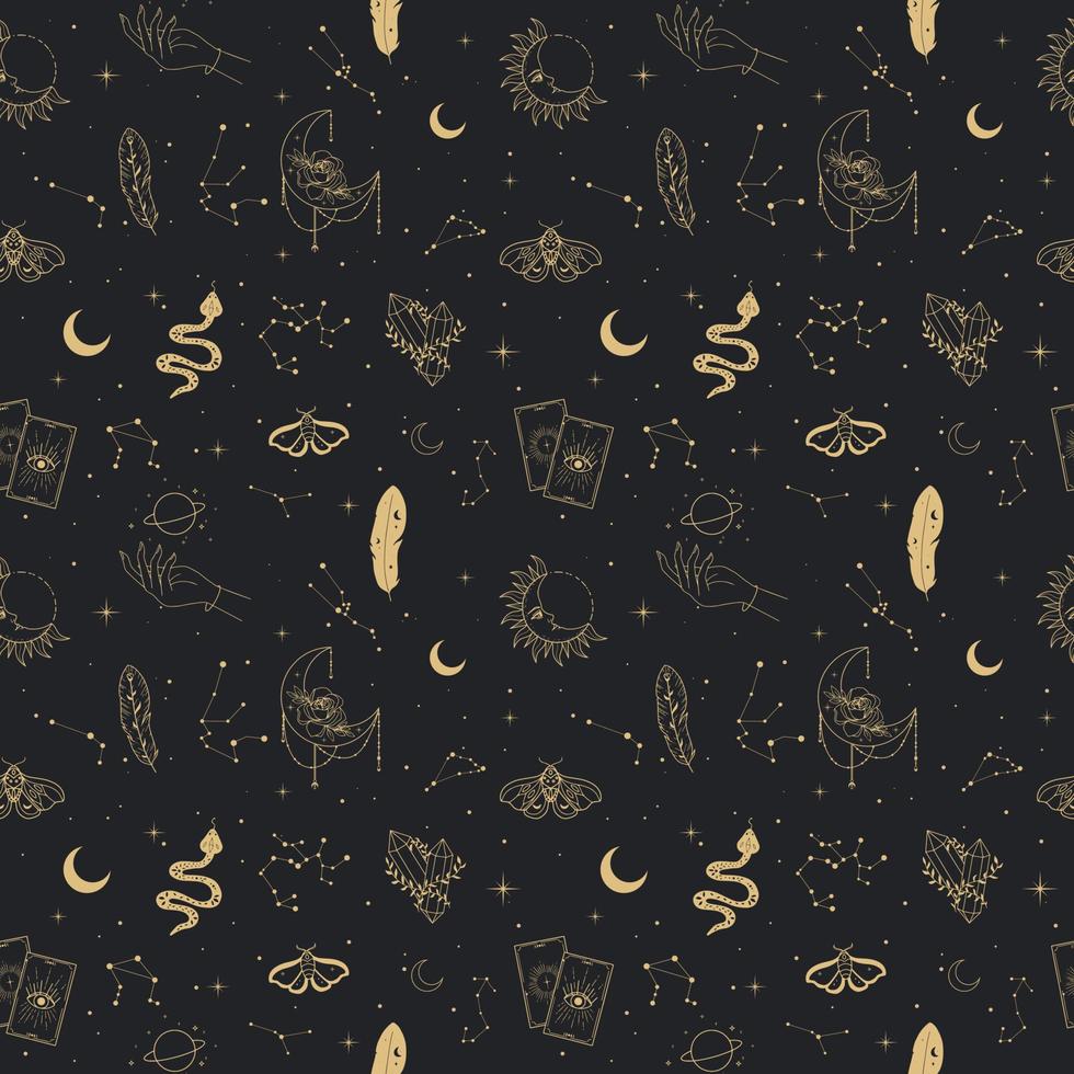 Witchcraft seamless pattern with golden elements vector