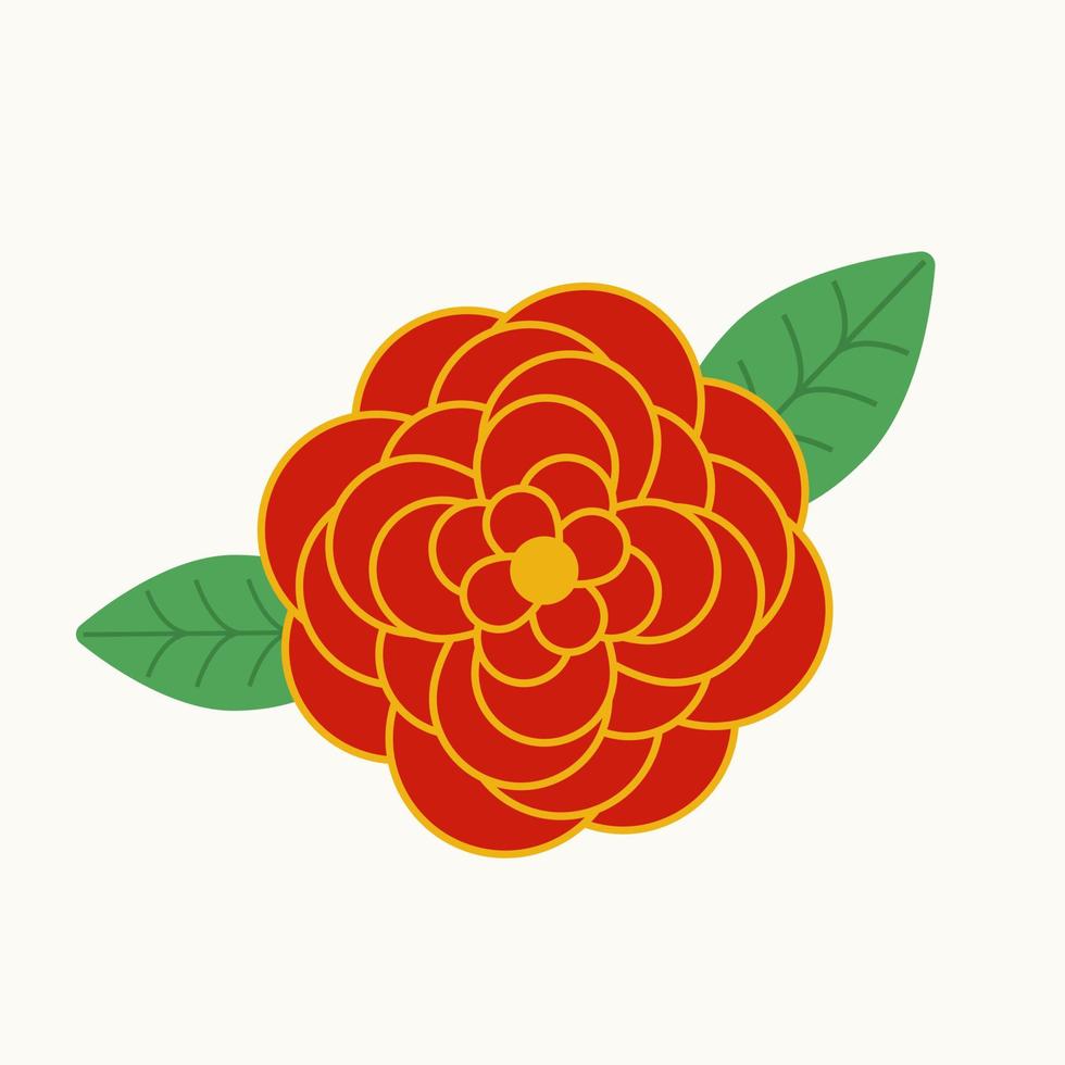 Isolated flat red and yellow festive Chinese peony flower with leaves vector