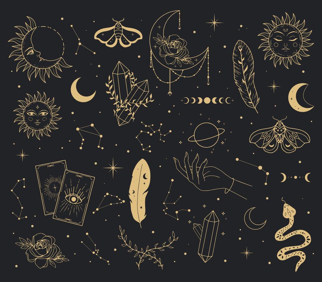 Set of golden aesthetic celestial witchcraft mystical elements on dark vector