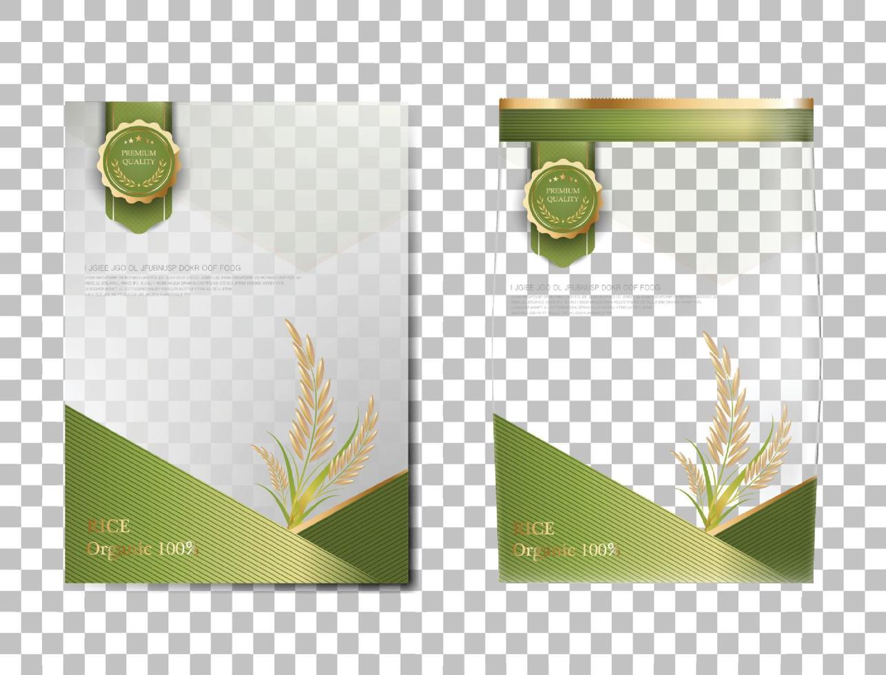 paquete de arroz productos alimenticios de tailandia, pancarta de oro verde y diseño de vector de plantilla de póster arroz.