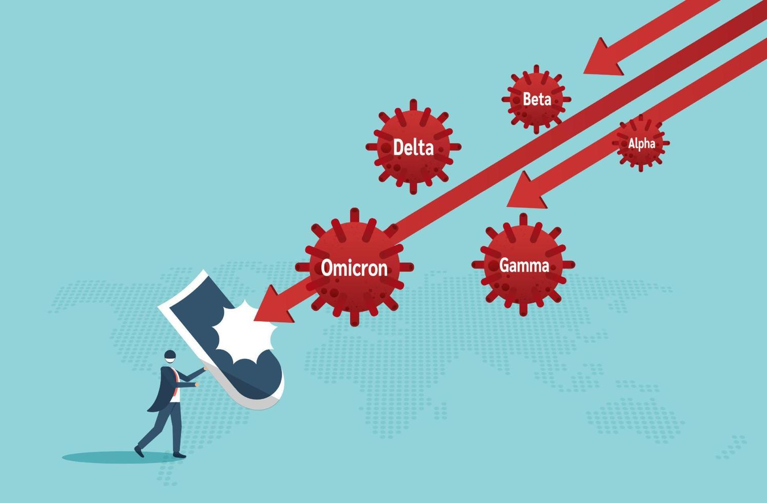 businessman leader full protective gear holding strong shield fight virus. Stop B.1.1.529 Omicron of covid 19 virus. New variant omicron outbreak from Africa and coronaviruses influenza background vector