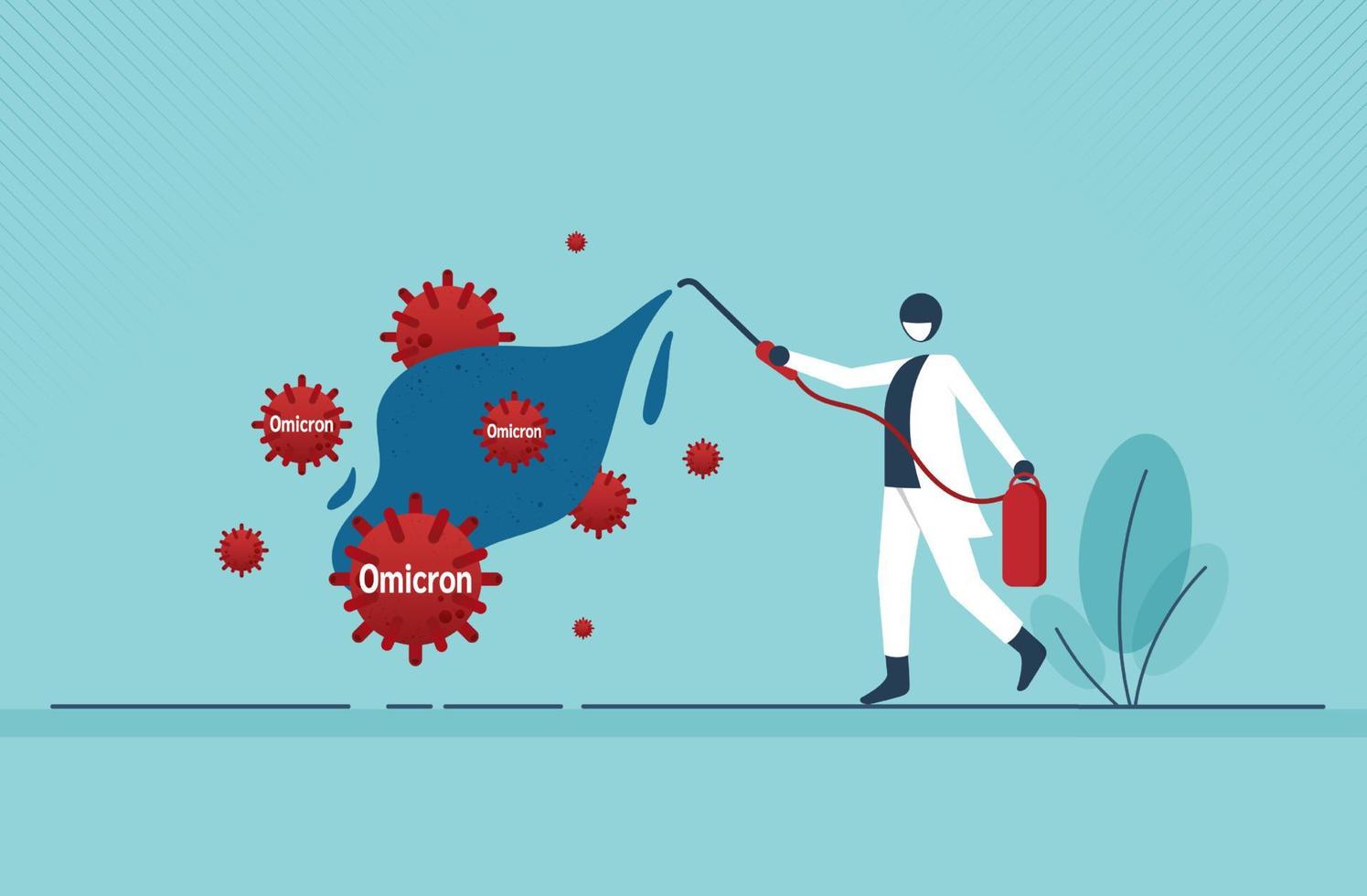 Defensive and fight to win Omicron virus and disinfect, clean and kill virus pathogen prevent outbreak spreading concept, worker with protective gear spray the cleaning sanitize chemical to disinfect vector