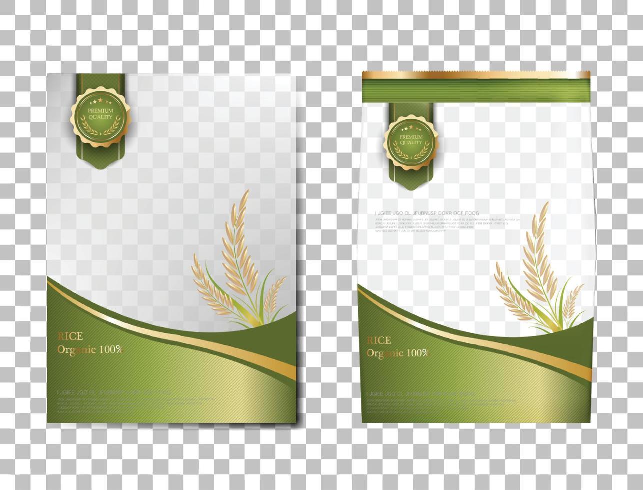 paquete de arroz productos alimenticios de tailandia, pancarta de oro verde y diseño de vector de plantilla de póster arroz.