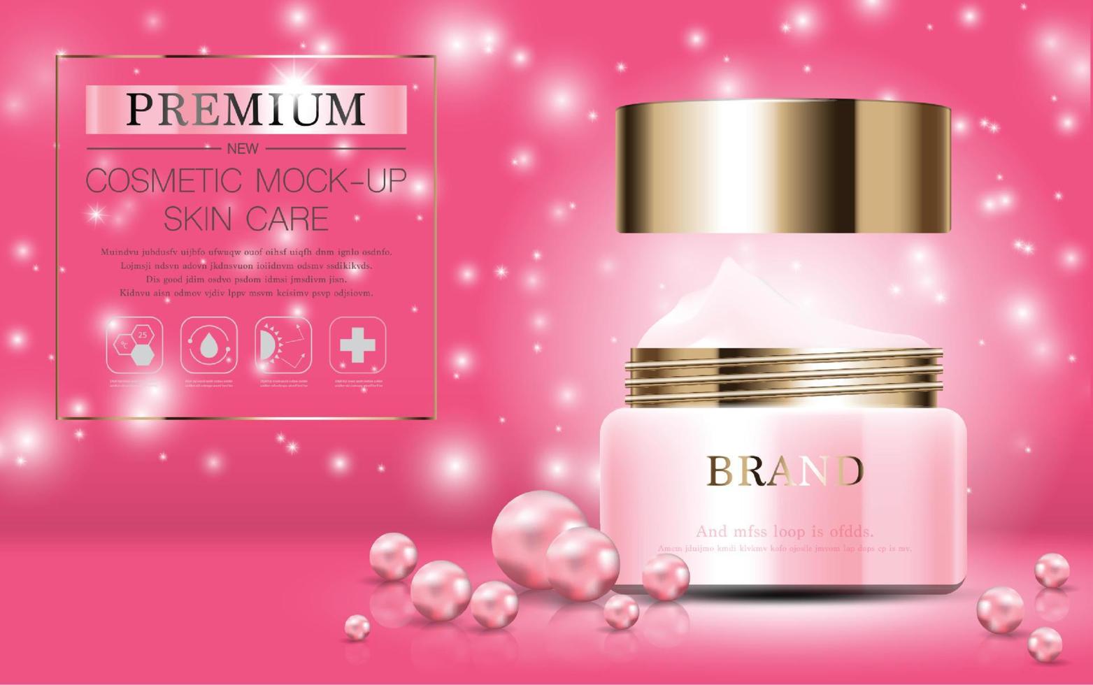 crema hidratante facial de perlas para la venta anual o la venta del festival. botella de máscara de crema rosa y dorada aislada sobre fondo de partículas brillantes. elegantes anuncios cosméticos, ilustración. vector