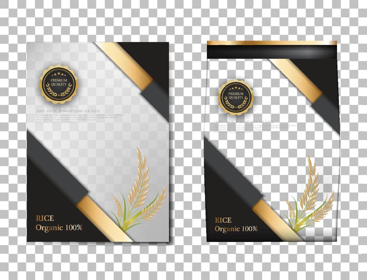 paquete de arroz productos alimenticios de tailandia, pancarta de oro negro y diseño de vector de plantilla de afiche arroz.