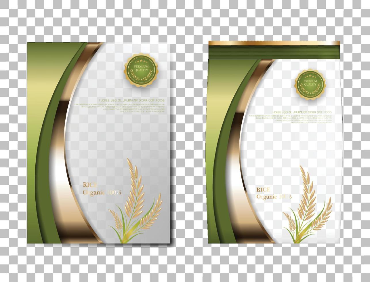 paquete de arroz productos alimenticios de tailandia, pancarta de oro verde y diseño de vector de plantilla de póster arroz.