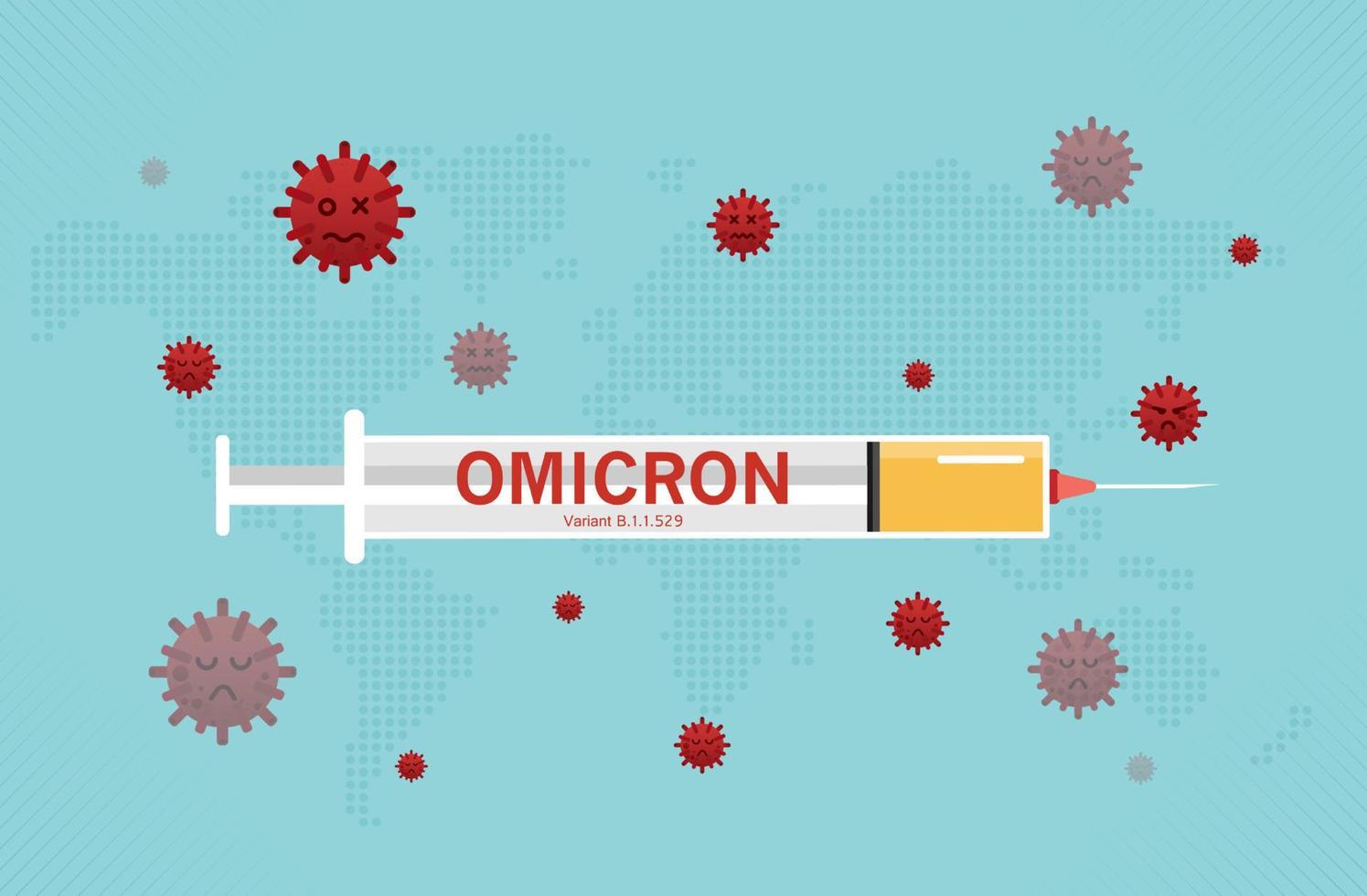 jeringa para inyección con vacuna. parada b.1.1.529 omicron del virus covid 19. nueva variante del brote de omicron de áfrica y antecedentes de influenza coronavirus. diseño vectorial vector