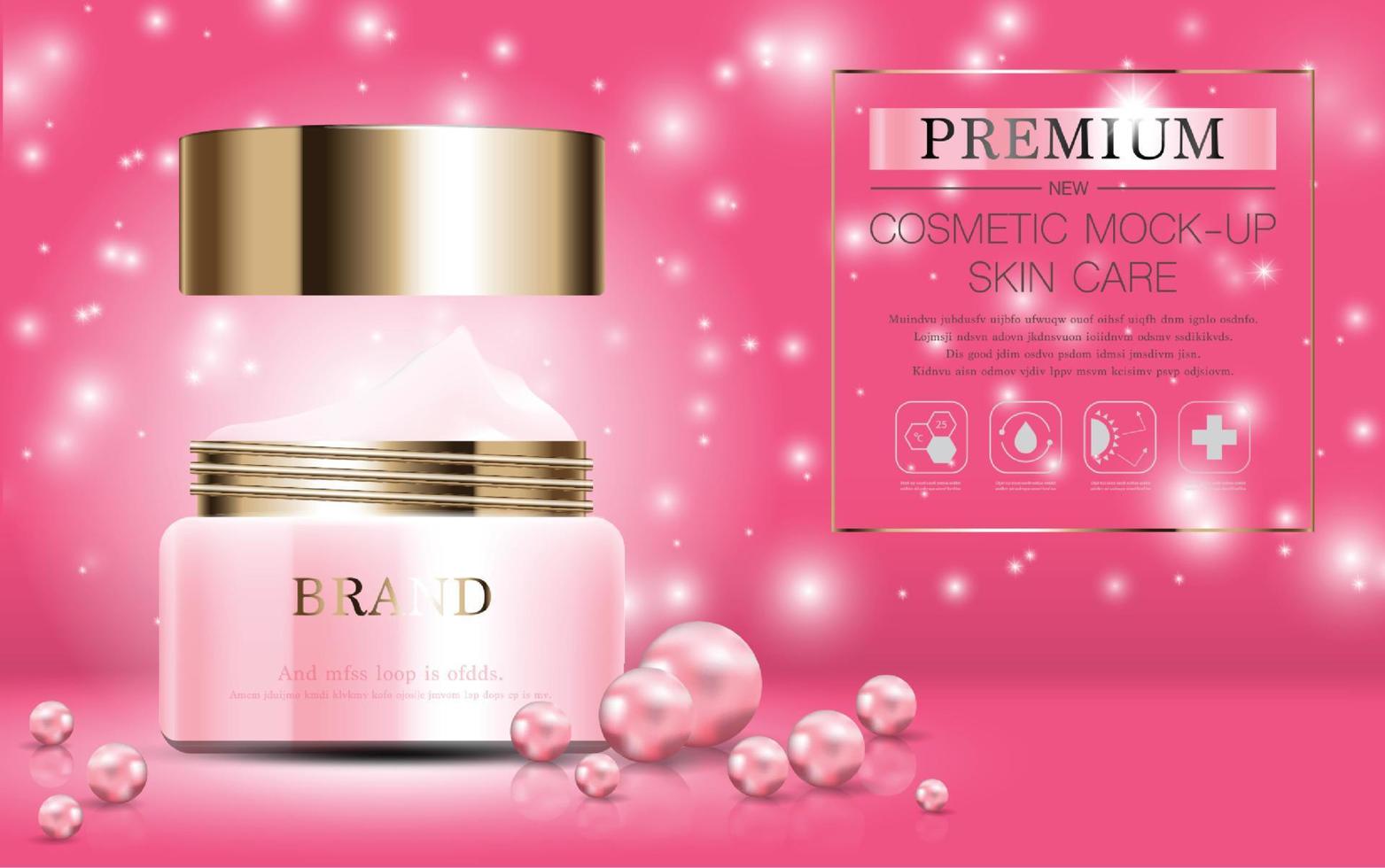 crema hidratante facial de perlas para la venta anual o la venta del festival. botella de máscara de crema rosa y dorada aislada sobre fondo de partículas brillantes. elegantes anuncios cosméticos, ilustración. vector