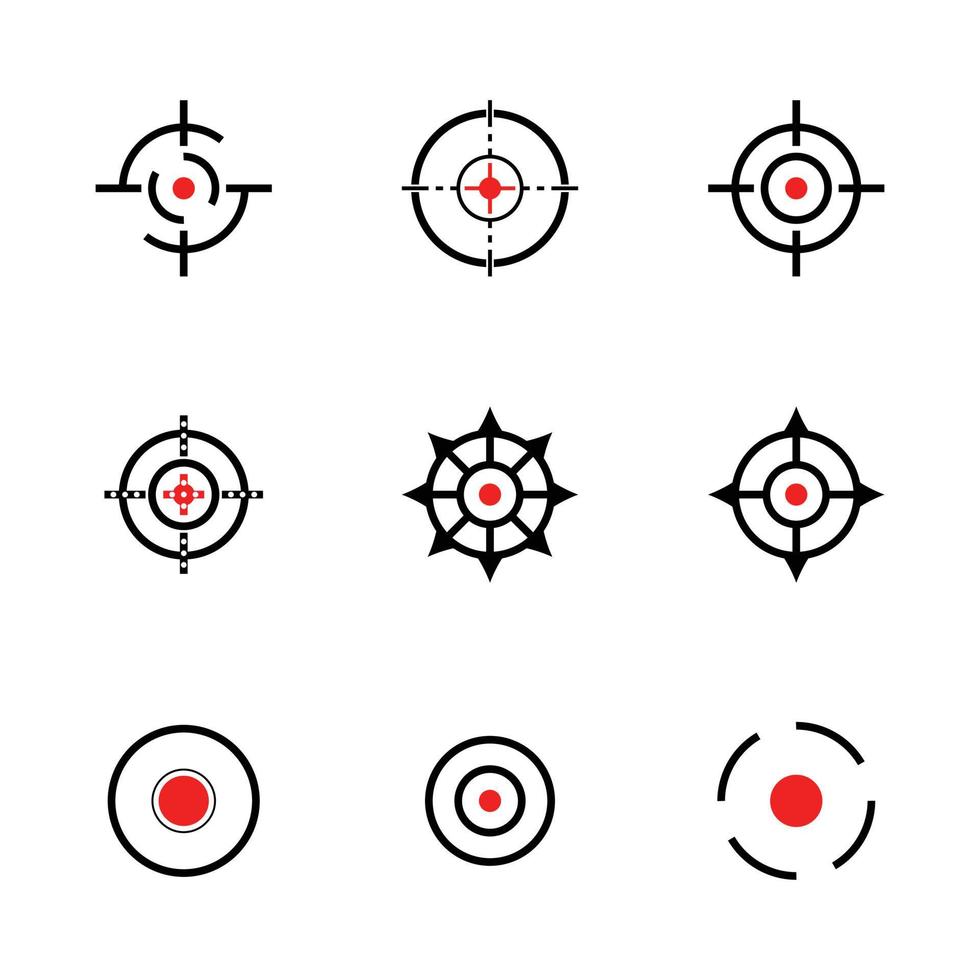 conjunto de iconos de destino o puntería de 9 iconos en color negro y rojo sobre fondo blanco iconos de destino vector