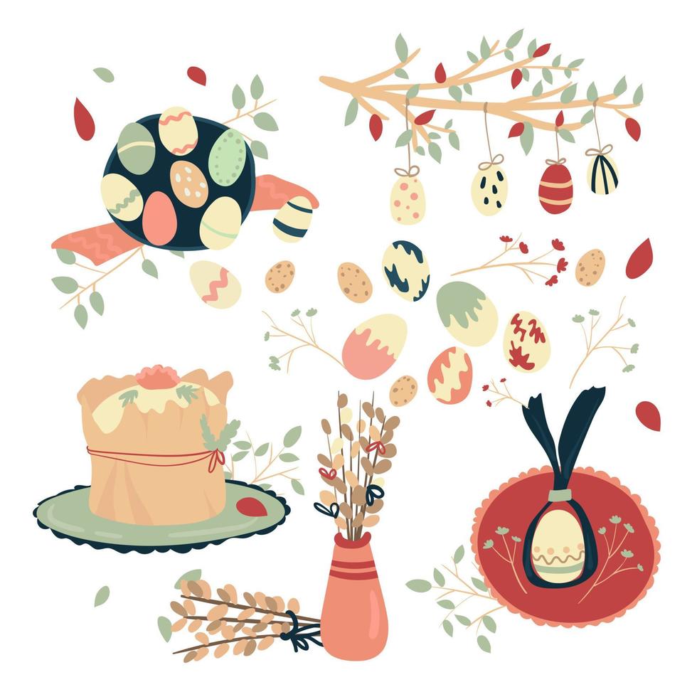 Easter set. Painted eggs for the Easter holiday. Easter bread. vector