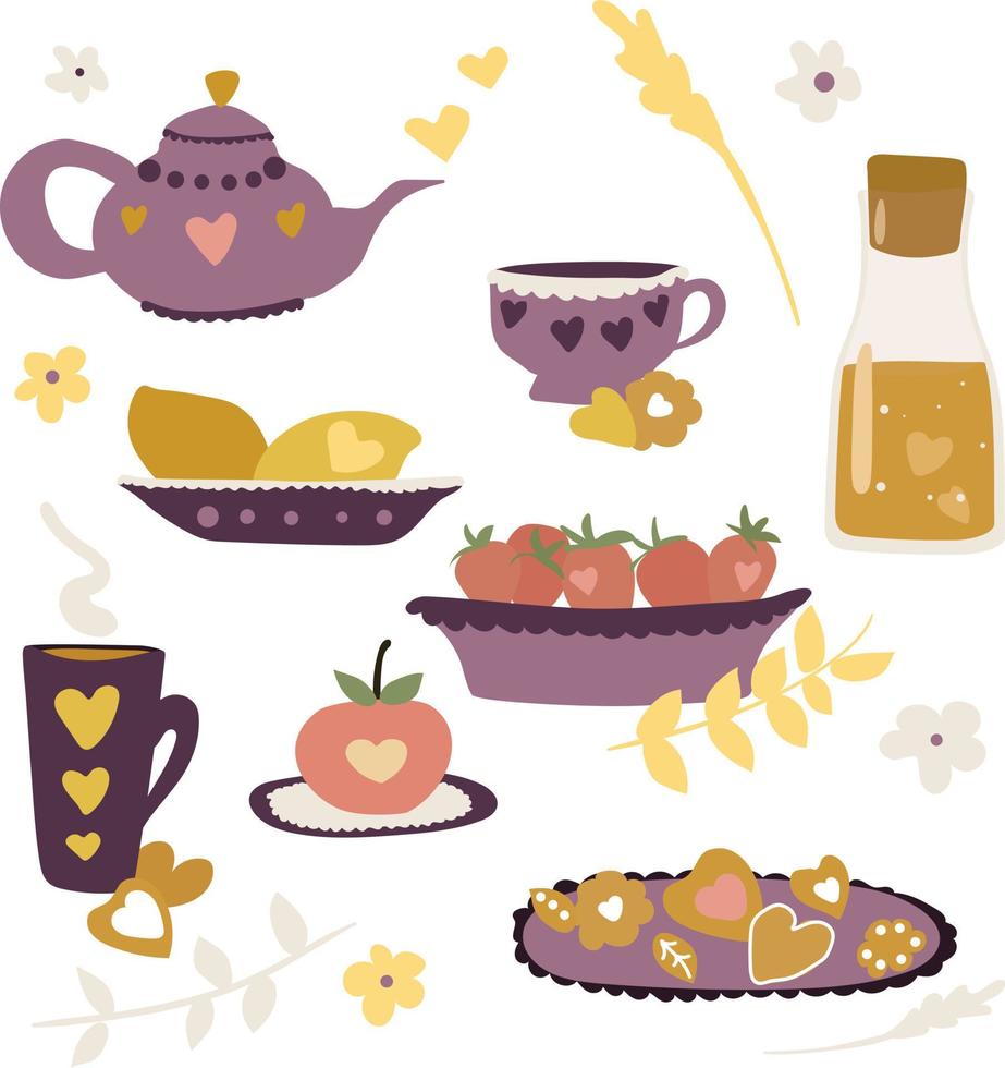 fijado para el día de san valentín. un juego de platos para beber té. vajilla morada. vector