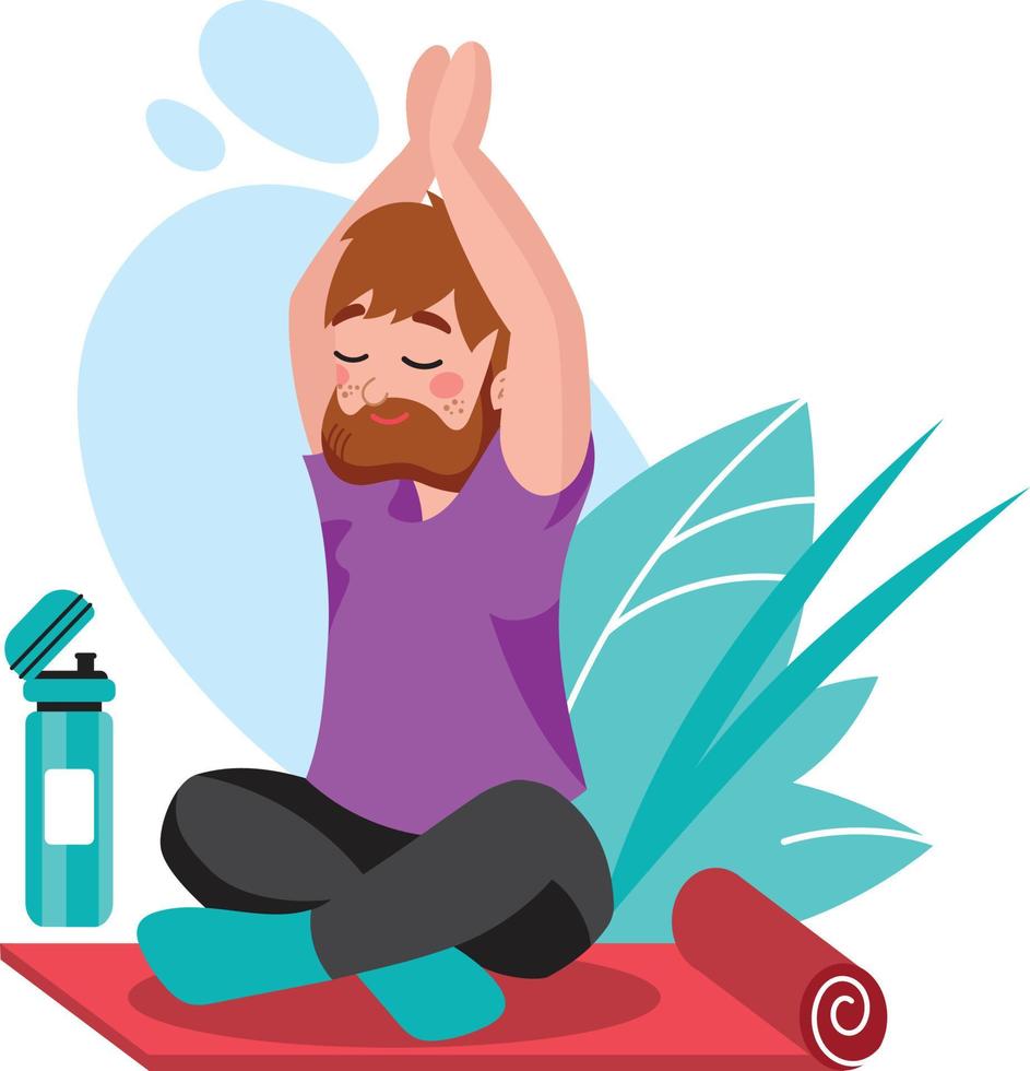 a man with a beard sitting on a yoga mat vector