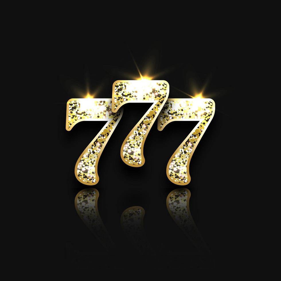 Three golden glittering sevens with reflection on black background. Luxury casino banner Big win slots 777 . Vector illustration