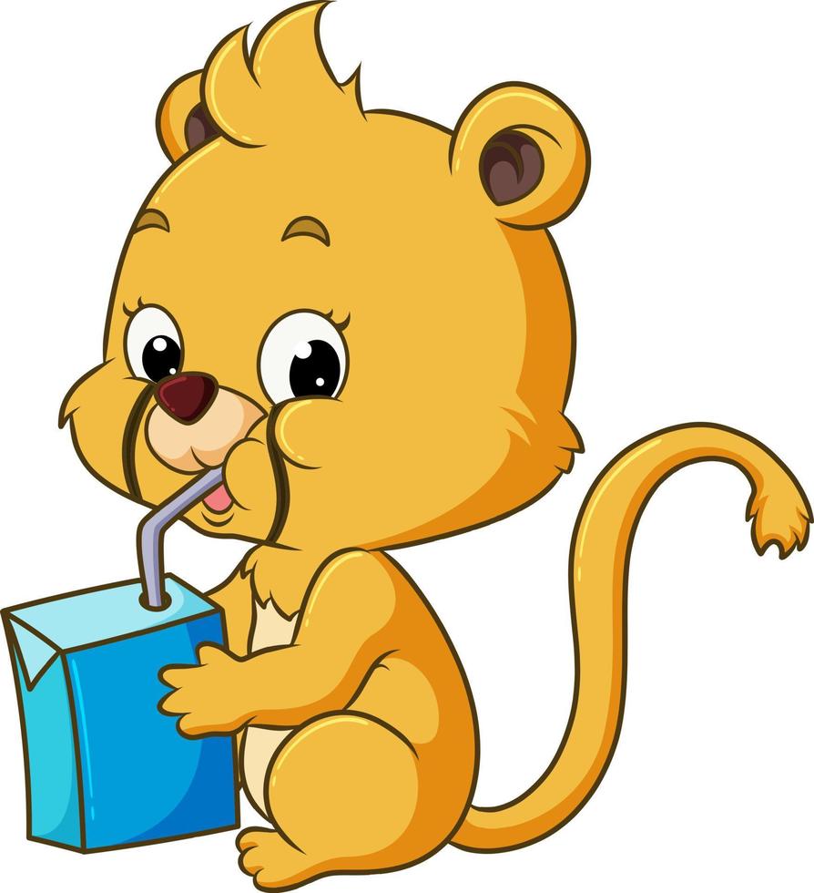 The baby lion is sitting and drinking the box of milk vector