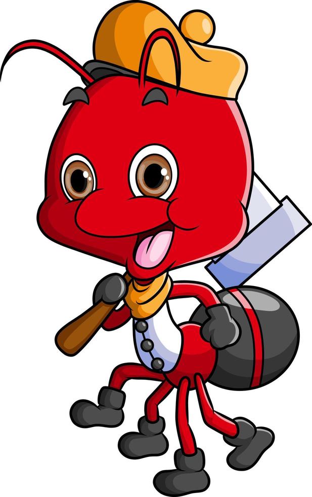 The worker ant is holding a hammer and wearing hat vector