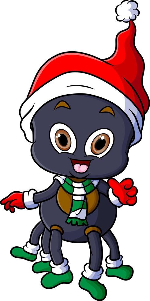 The spider is wearing a santa cap in christmas eve vector