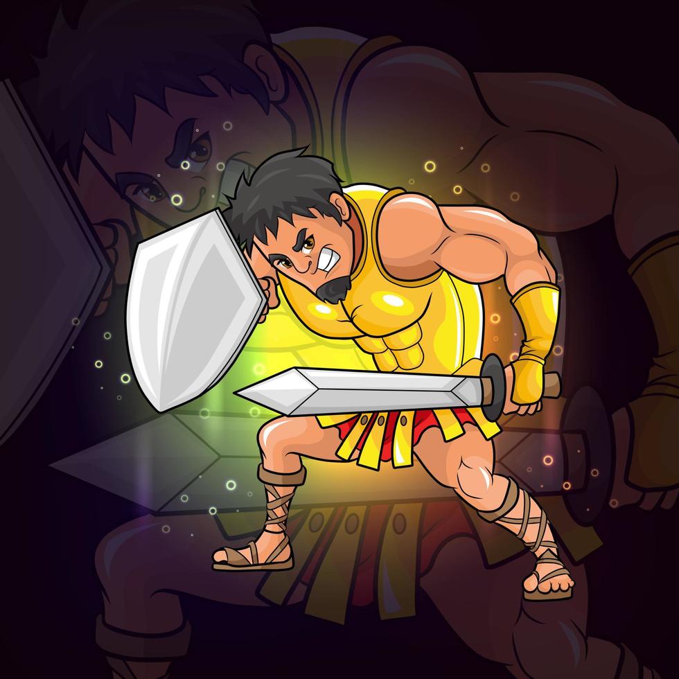 The young warrior with the shield and sword esport logo design vector