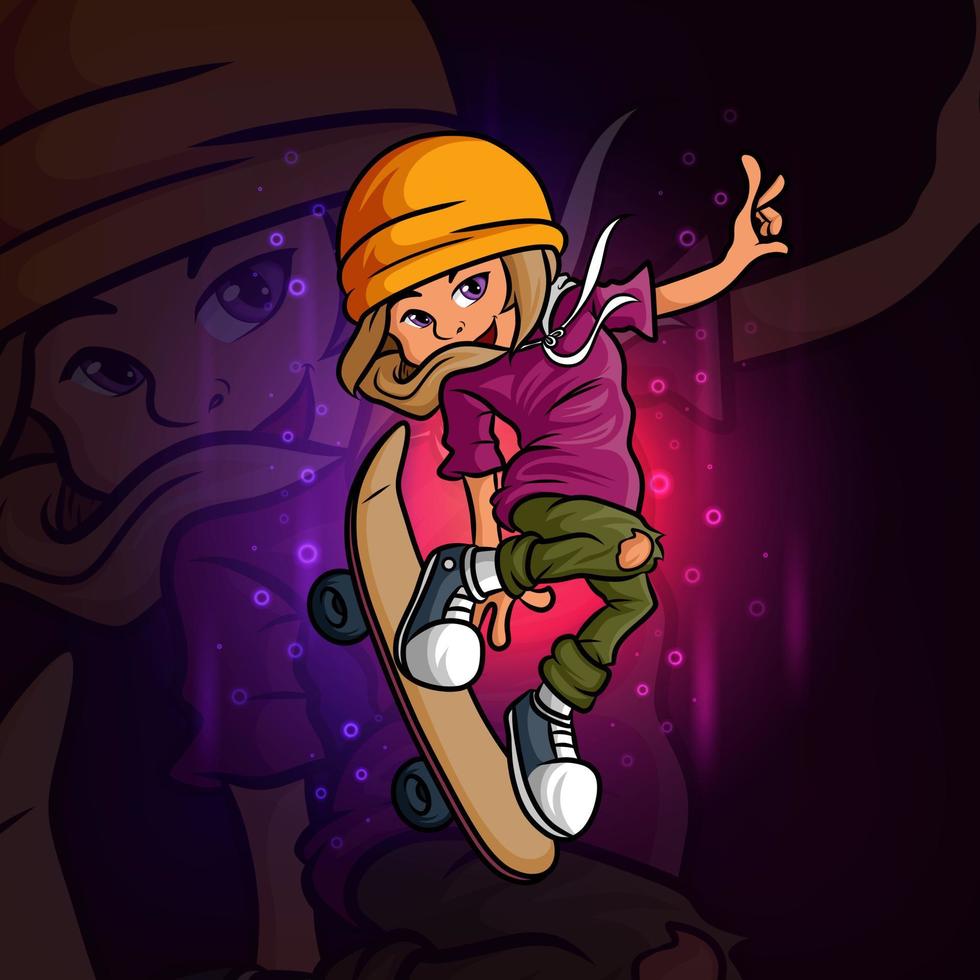 The cute skateboard girl esport mascot design vector