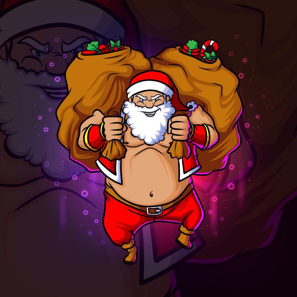 The santa thief with two big sack full of gift esport logo design vector