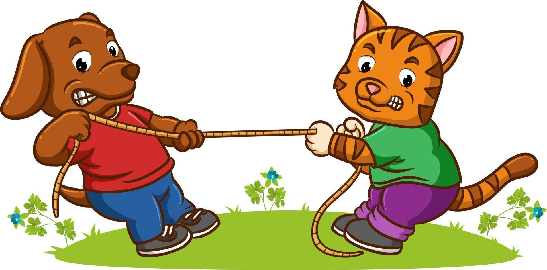 The dog and the cat are playing the tug of war in the park vector