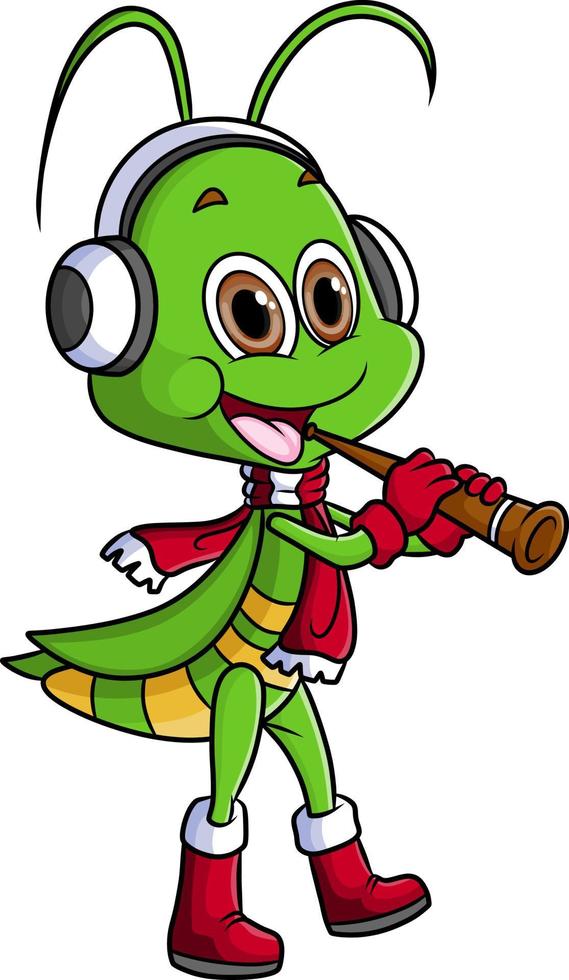 The grasshopper is playing trumpet while wearing headphone vector