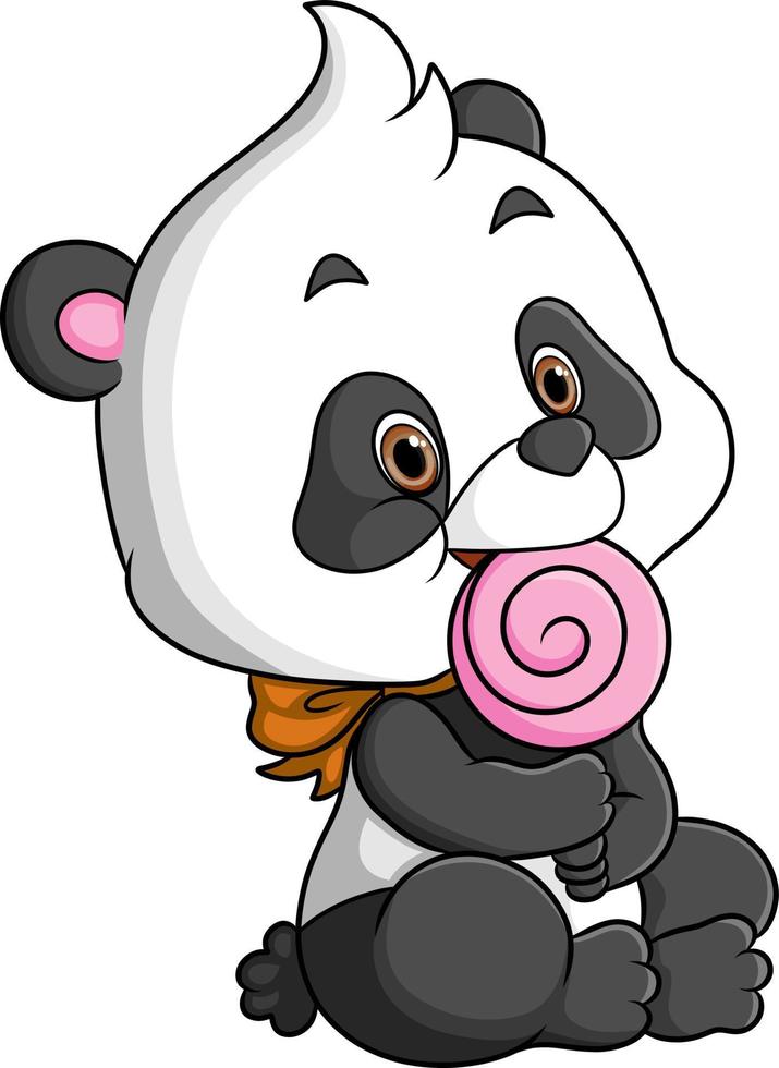 The baby panda is holding and eating the sweet lollypop vector