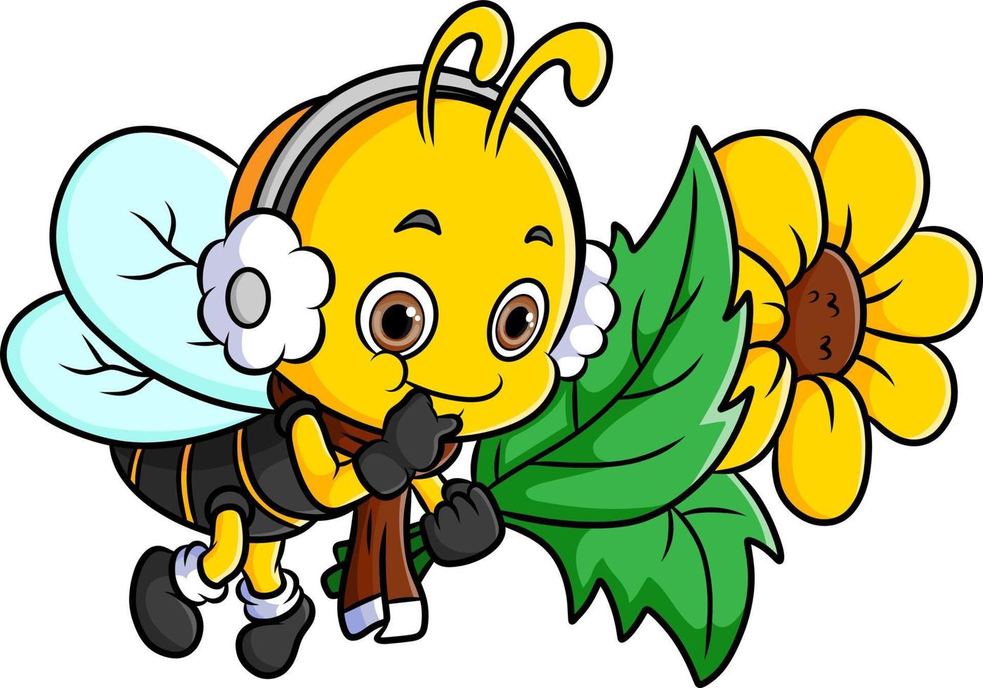 The cute bee is flying and holding a sunflower vector